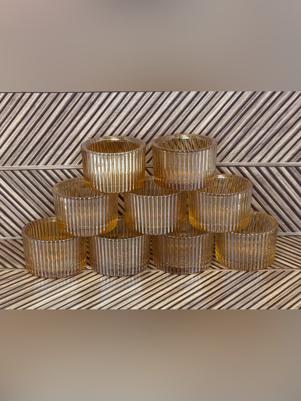 Amber Ribbed votive Glass Tea Light Holders - Set of 9